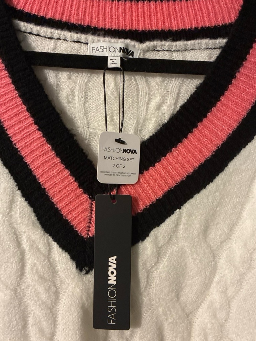 Sweater Suit 2-Piece White V-Neck Sweater and sweater pants with Pink and Blac